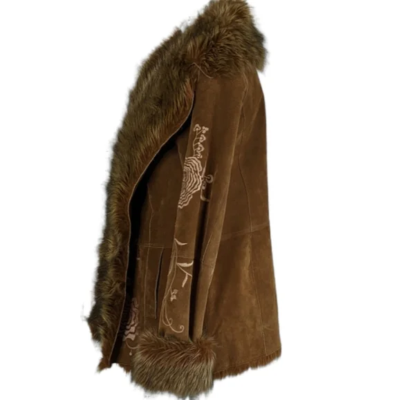 ✌️Penny Lane Brown Faux Fur Trimmed Women's Suede Leather Jacket 🎸 - Picture 2 of 15